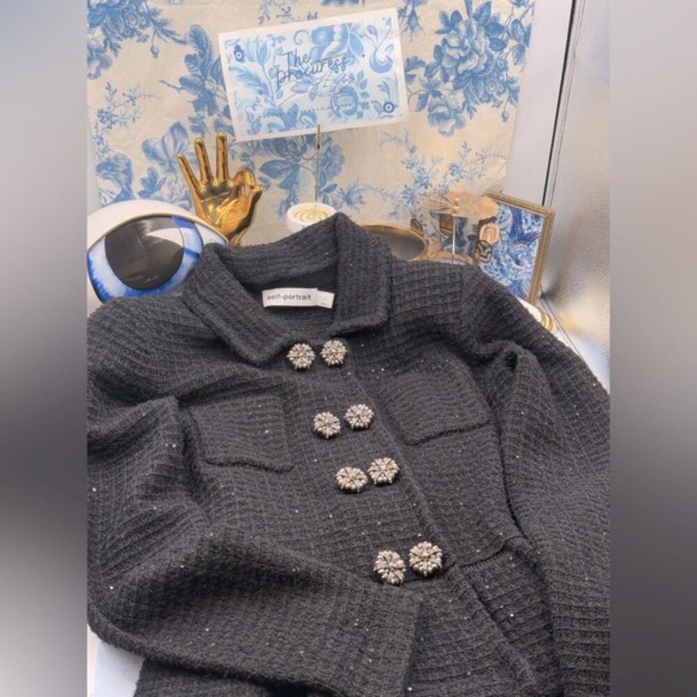 🆕 SELF PORTRAIT 🧿 NWOT Black Textured Peplum Knit Jacket - Sz Large - Picture 2 of 16